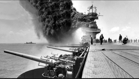 U.S.S. Yorktown on fire after bombing - wikimedia.com